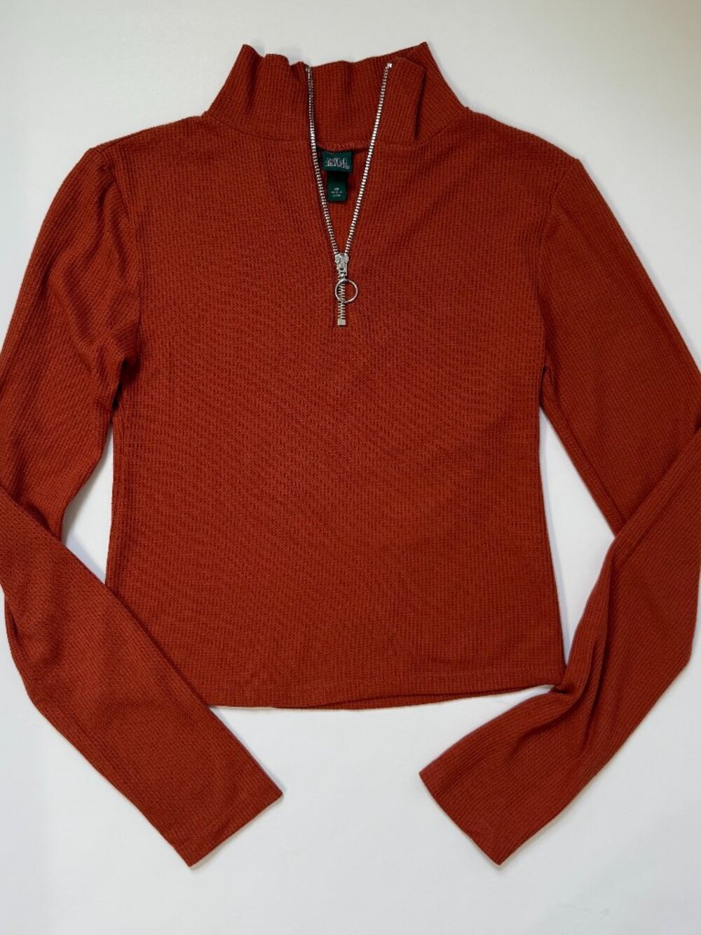 Waffle Knit Quarter Zip Top Orange Mock Neck Long Sleeve Wild Fable Women's XS